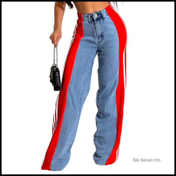 High Waisted Wide Leg Patchwork Stretch Jeans Y2K Retro Loose Fit - Picture 1 of 7